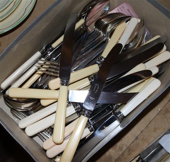 Plated part canteen of Old English pattern cutlery, Hurry Riches of Cardiff & ivorine handled knives